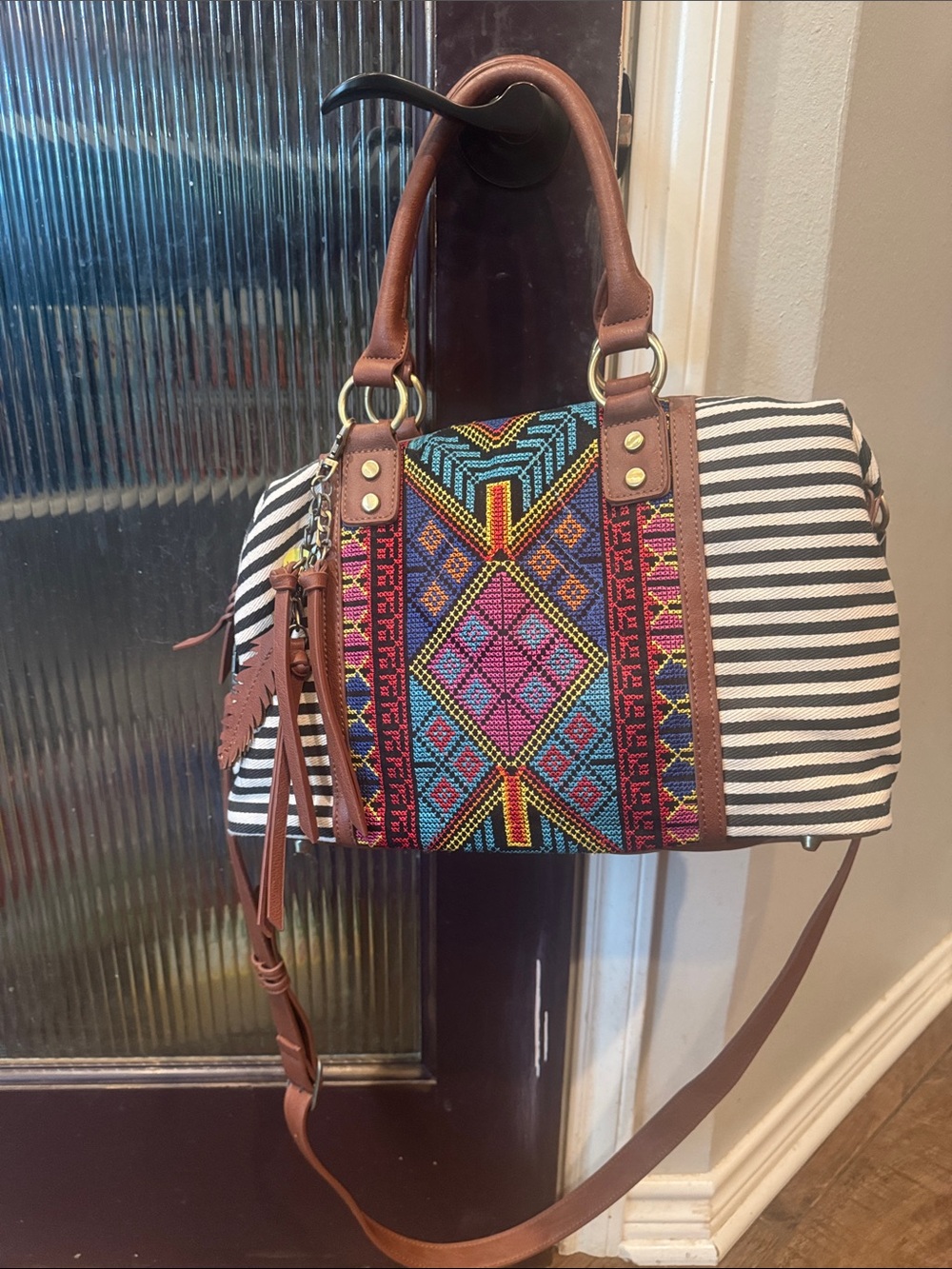 Boho Stripe & Embroidered Satchel Bag in Brown and Multicolor